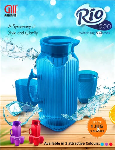 3047 Water Roi Pet Jug set of 1 jug & 3 glasses (Multi-colour)-1.5 ltr