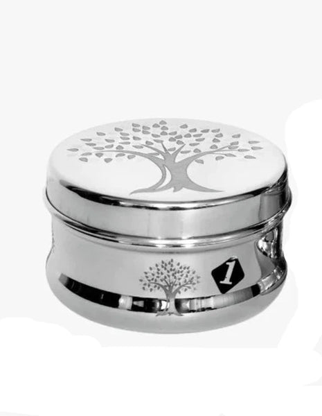 AM2960 Madhuram Prime Quality Mira Dabba No.8 7.5X11 mm Stainless Steel Flower Design Mirror Finish Dabba Set of 1