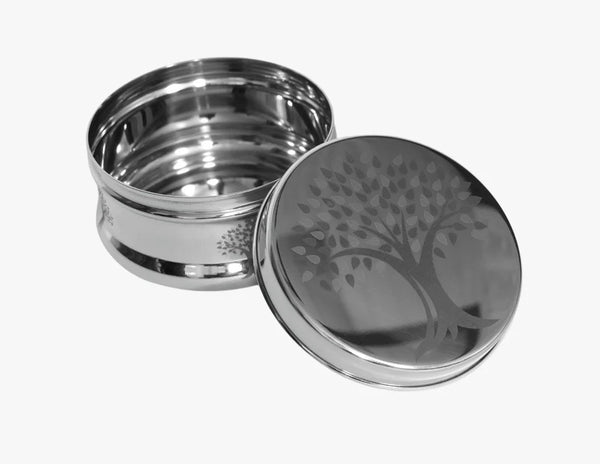 AM2960 Madhuram Prime Quality Mira Dabba No.8 7.5X11 mm Stainless Steel Flower Design Mirror Finish Dabba Set of 1