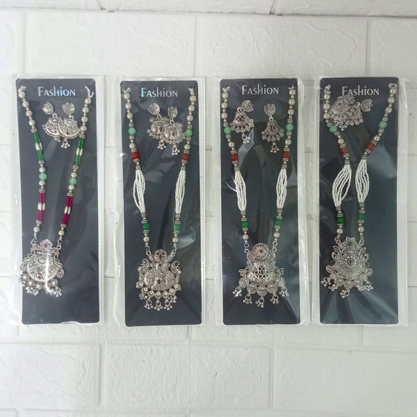 Di0047 Navratri Intricate Oxidized Silver Floral & Jali Necklace with Beaded Earings
