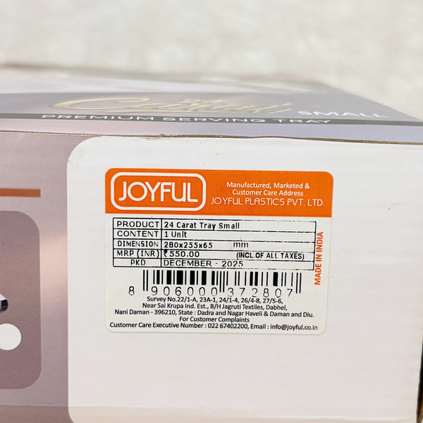 TM0183 JOYFUL 24 Carat Premium Small Serving Tray with Gold-Tone Handles (Small)