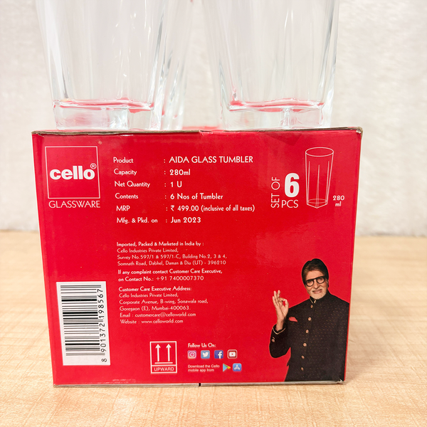 AM6547 Cello Aida Glass Tumbler Set - 280ml (Set of 6)