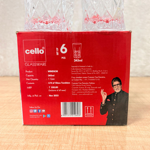 AM6575 Cello Windsor Glass Tumbler Set, 245ml (Set of 6)