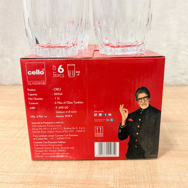 AM6613 Cello ORO Glass Tumbler Set, 265ml (Set of 6)
