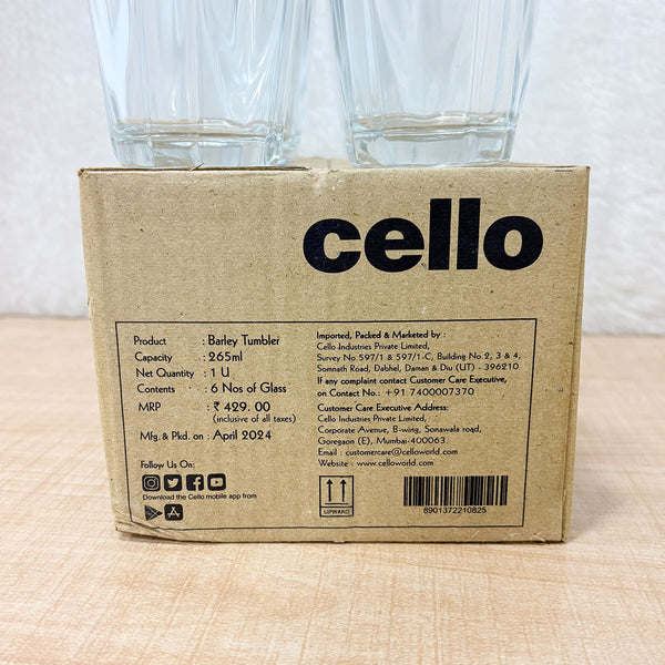 AM6612 Cello Barley Glass Tumbler Set, 265ml (Set of 6, Clear)