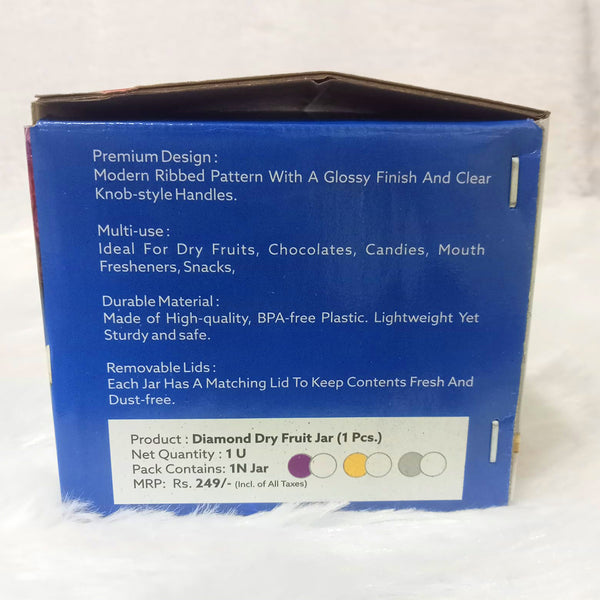 Di0360 Diamond Dry Fruit Transparent 1pc Jar with Lids - 500ml (Mix Colour)