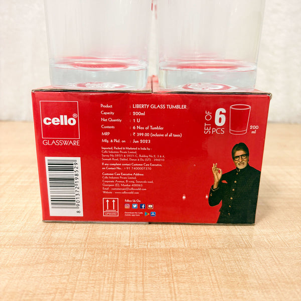 AM6602 Cello Liberty Glass Tumbler Set, 200ml (Set of 6)