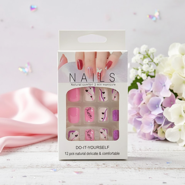 TM0167 Mix-Design Pink & Purple Heart Pattern Press-On Nail Set (12-Piece)