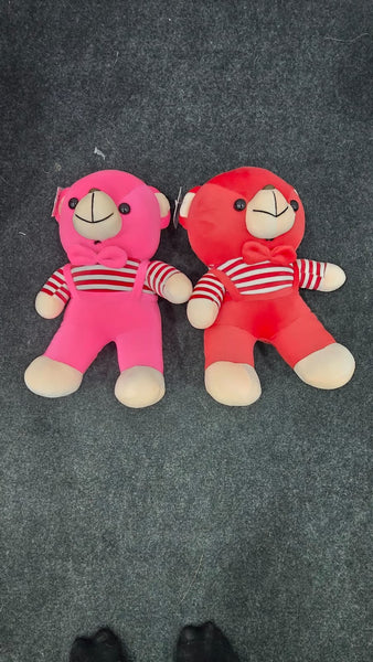 AM6954 Plush Red Teddy Bear with Striped Overalls and Bowtie