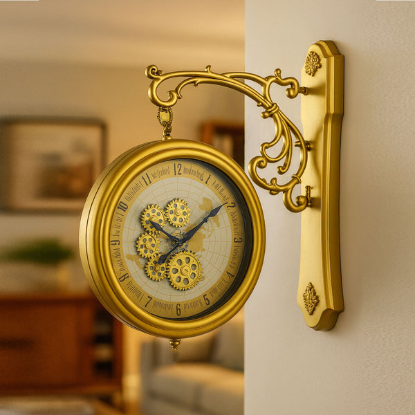 TM0017 Plastic Vintage Double-Sided Wall Clock with Exposed Gears and Ornate Gold Bracket