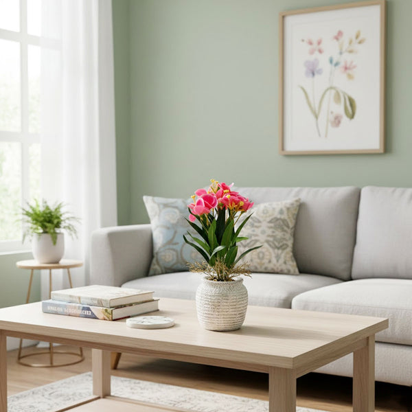 TM0030 Artificial Pink Floral Arrangement in Textured White Ceramic Pot