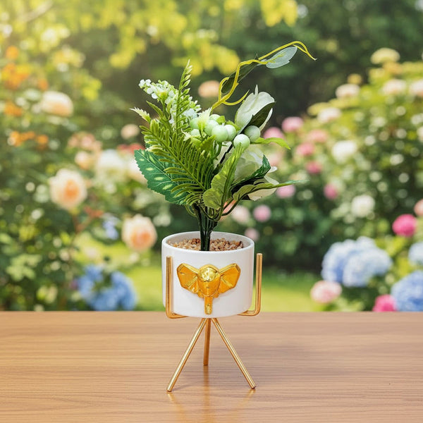 TM0032 Artificial Flower Plant in White Elephant Ceramic Pot with Golden Tripod Stand