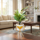 TM0032 Artificial Flower Plant in White Elephant Ceramic Pot with Golden Tripod Stand