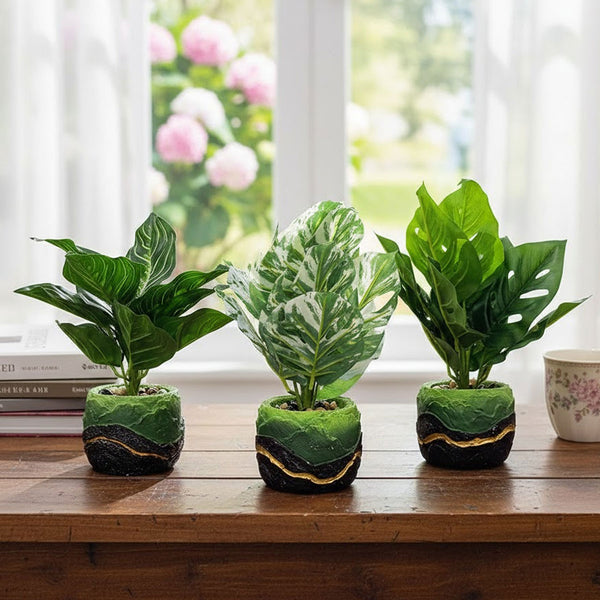 TM0033 Artificial Pinstripe Calathea Plant in Designer Green & Black Textured Pot