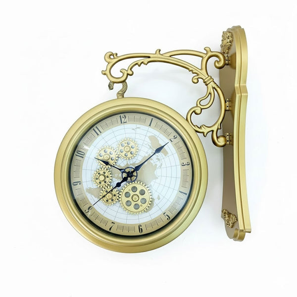 TM0017 Plastic Vintage Double-Sided Wall Clock with Exposed Gears and Ornate Gold Bracket