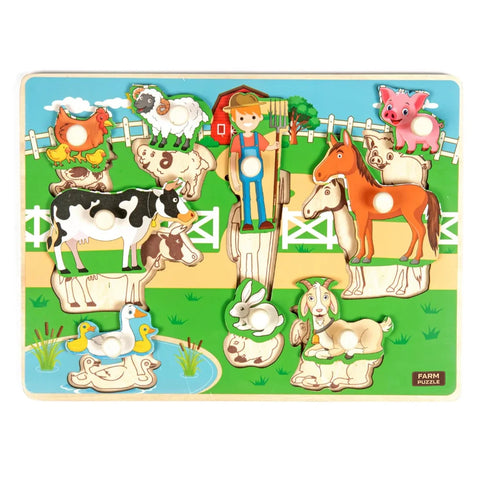 A07140 Wudly Wooden Farm Animals Knob Puzzle Board with Pegs for Kids
