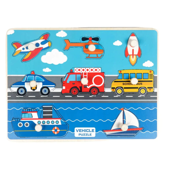 A07139 Wudly Wooden Vehicle Puzzle Board with Easy-Grip Knobs