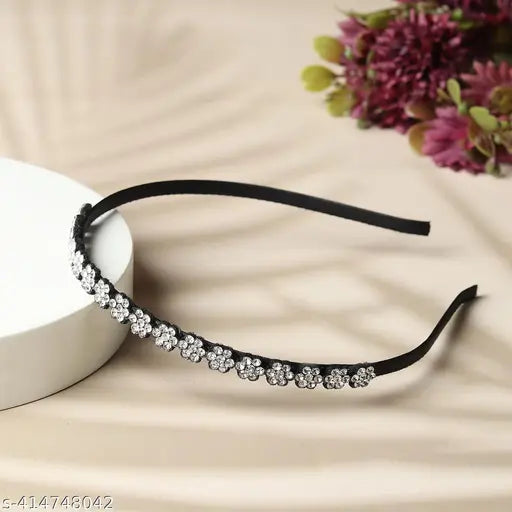 AM1225 Hair band Silver Stone flowers Design Black