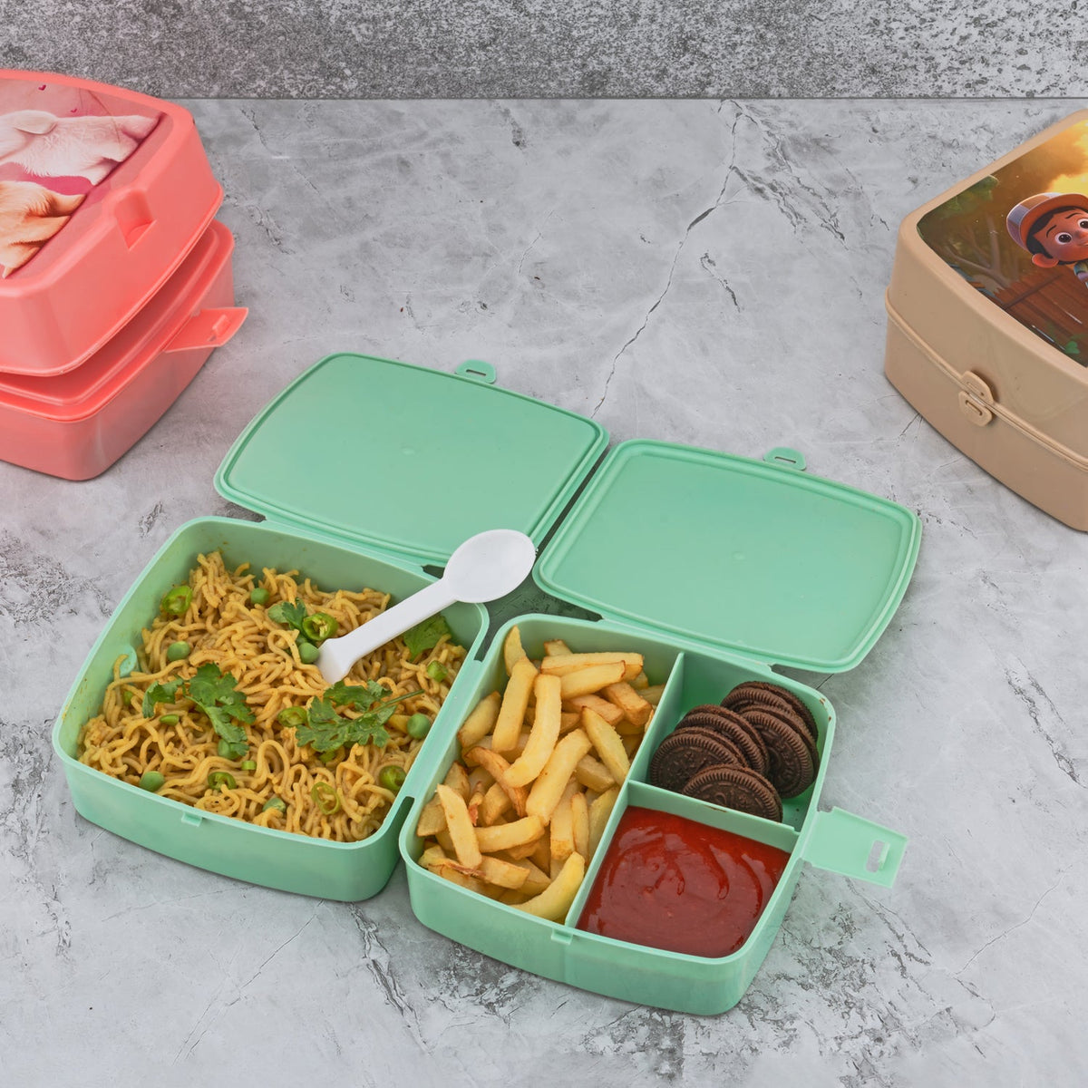 5787 Double-Layer Square Lunch Box with Spoon , 4 Compartment Tiffin ...
