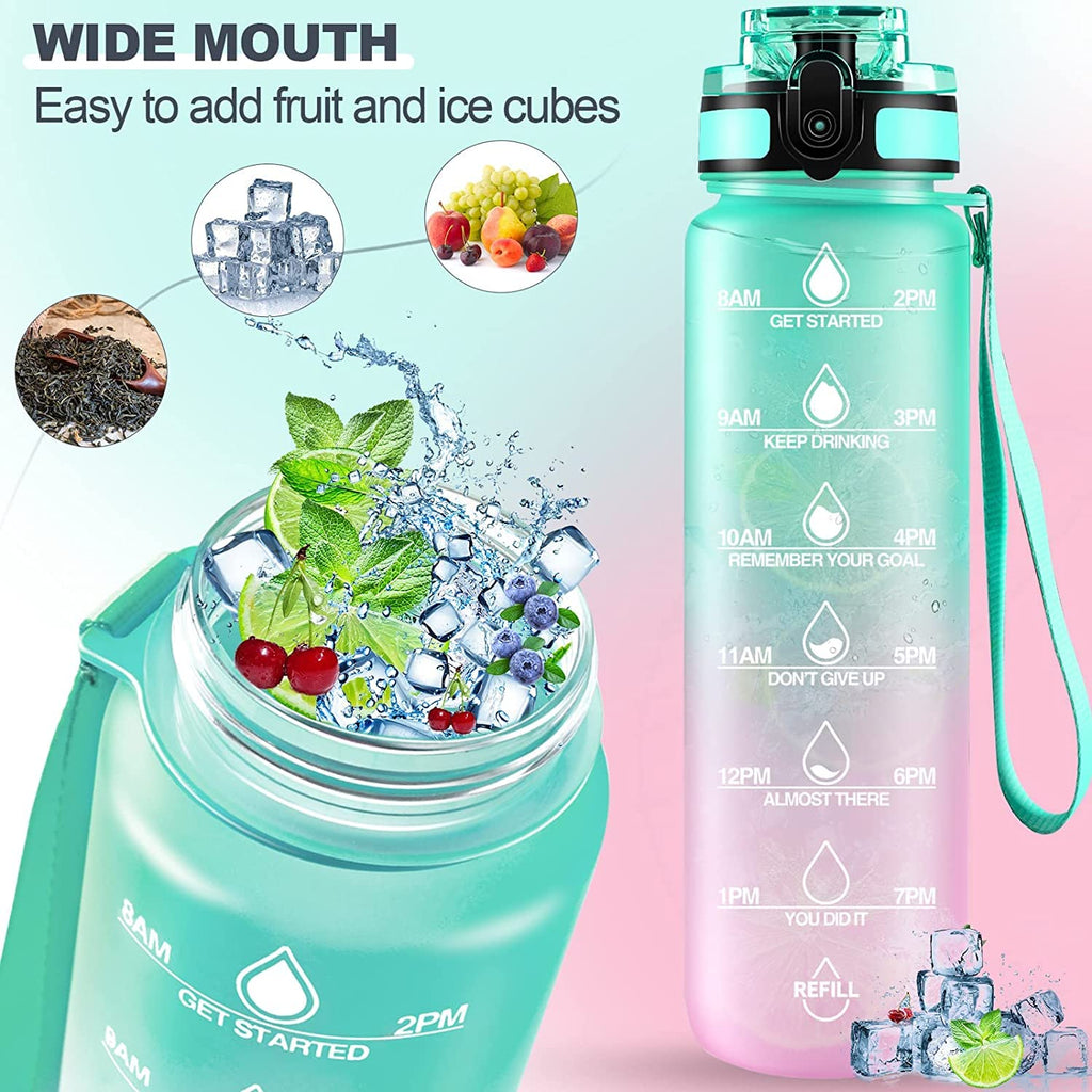 JUGTE 1 Litre Motivational Water Bottle With Straw & Time Marker - BPA-Free, Leak-Proof, For Gym, Office, School & Travel, Green
