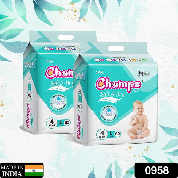 0958 Champs Soft and Dry Baby Diaper Pants  62 Pcs (Large Size  L62)