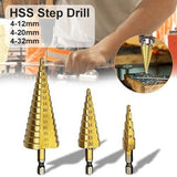 0437 -3X Large HSS Steel Step Cone Drill Titanium Bit Set Hole Cutter (4-32, 4-20, 4-12mm)