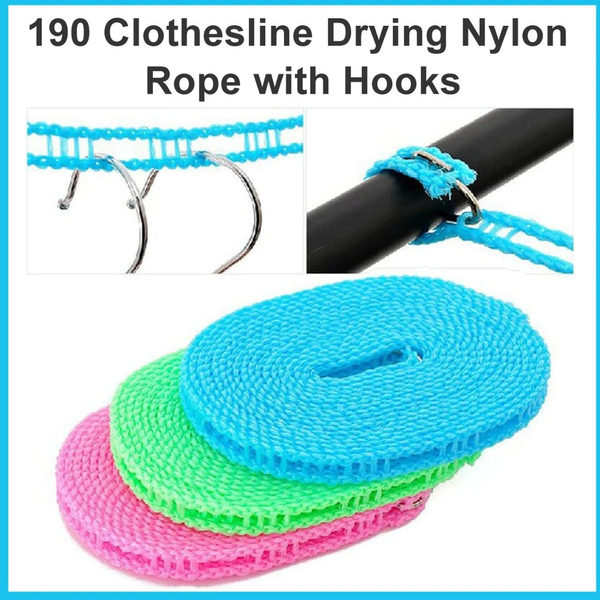 0190 Anti-Slip Clothes Washing Line Drying Nylon Rope with Hooks